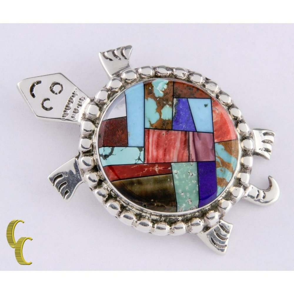 Sterling Silver Alvin Yellowhorse Inlay Turtle Pendant Brooch Lapis, Pearl, Wood